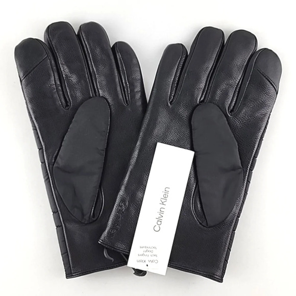 Calvin Klein Men's Black Leather Nylon Winter Insulated Gloves Touchscreen Large - Picture 2 of 9